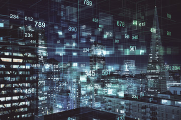 Data theme hologram drawing on city view with skyscrapers background multi exposure. Ai concept.