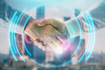 Multi exposure of human brain drawing on city view background with handshake. Concept of brainstorm