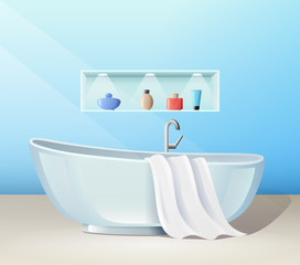 Modern bathroom interior with bath and accessories, banner, vector illustration.
