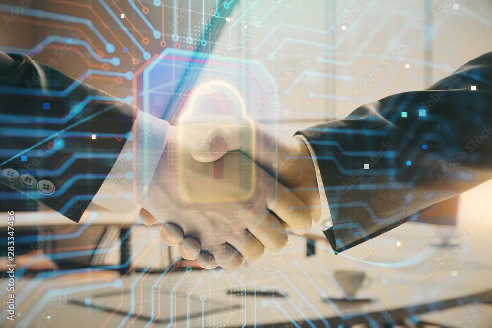 Poster double exposure of lock icon hologram on office background with two men handshake. concept of data s