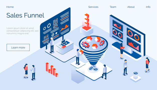 Sales Funnel Isometric Concept Vector With Tiny People, Diagram, Coins, Gears, Cube