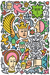 A collection of decorative motifs and comic characters based on medieval and gothic designs