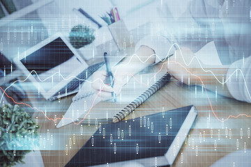Financial graph displayed on woman's hand taking notes background. Concept of research. Double exposure