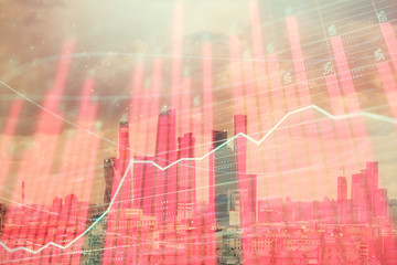Double exposure of financial graph on downtown veiw background. Concept of stock market research and analysis