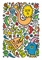 A collection of decorative motifs and comic characters based on medieval and gothic designs