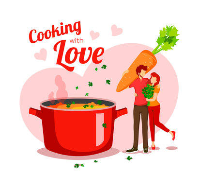 "Cooking with love" card design with pan of soup and young couple with vegetables. Vector illustration for poster, banner, card, cover, brochure, flyer, postcard.