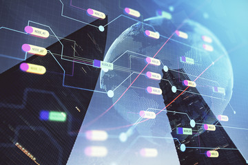 Map and data theme hologram on city view with skyscrapers background double exposure. International technology in business concept.