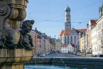 Augsburg hercules fountain and sankt ulrich in maxstrasse, unesco world heritage site