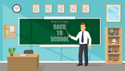 Smiling cute male teacher holding a pointer and pointing to a blackboard in a classroom. Welcome back to school concept. Vector illustration
