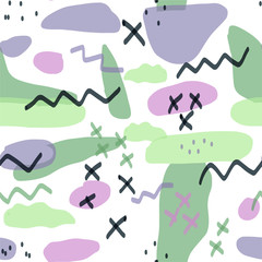 vector graphics abstract seamless pattern in memphis style. spots, lines, crosses. green, lilac color on a white background summer fresh