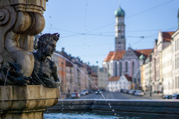 Fototapeta premium Augsburg hercules fountain and sankt ulrich in maxstrasse, unesco world heritage site