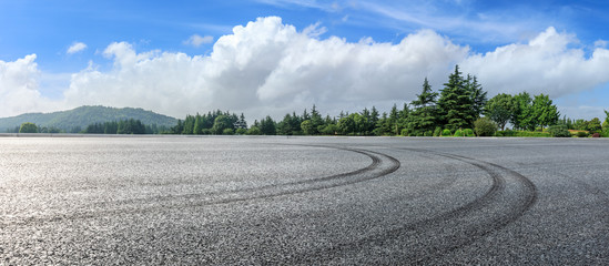 Asphalt race track and green woods nature landscape in summer