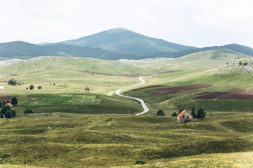 Beautiful view of the natural landscape in Montenegro with a field and authentic houses with a mountain in the background.