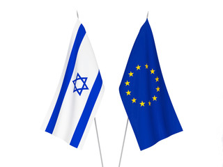 National fabric flags of European Union and Israel isolated on white background. 3d rendering illustration.