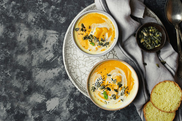 Pumpkin cream soup with lentils and pumpkin seeds