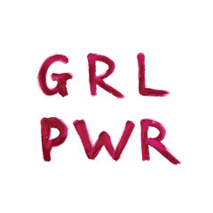 GRL PWR motivational phrase of a feministic movement. Handwritten with a red lipstick. Grunge texture, vector illustration. For social media post, greeting card, t-shirt or design element