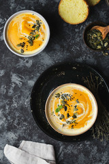 Pumpkin cream soup with lentils and pumpkin seeds