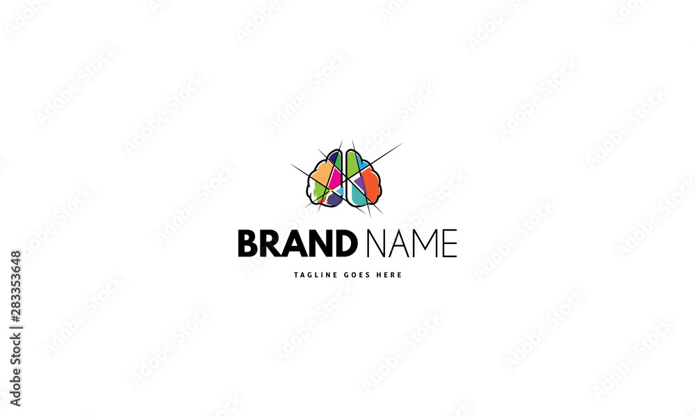 Wall mural vector logo on which an abstract image of the brain is divided into color fragments.