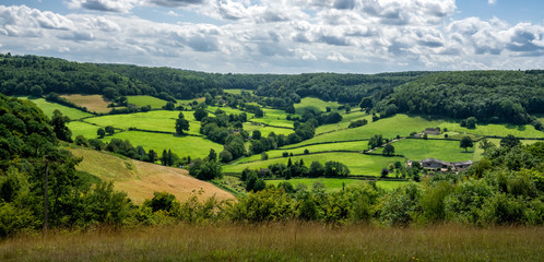 View from Breakheart Hill across Waterley Bottom near Dursley, The Cotswolds, Gloucesershire, United Kingdom