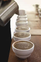 coffee professional q grader preparing samples of freshly roasted coffee bean to test and inspect quality of arabica coffee beans with warm sunlight. coffee grounds in a cup on the table.