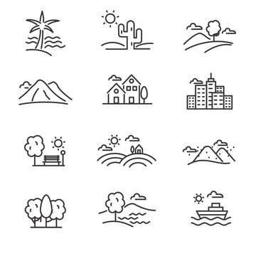 Set of landscape related vector icon line design such as beach, desert, mountain and more, suitable for illustration or doodle too.