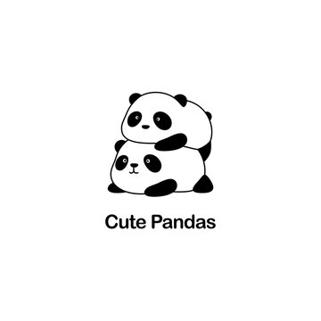 Vector Illustration / Logo Design - Cute funny fat baby cartoon giant panda bears, one panda lie on another panda
