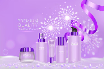 Beauty product ad design, purple cosmetic containers with holiday concept advertising background ready to use, luxury skin care banner, illustration vector.