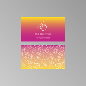 Visit card layout for drawing courses, painters, designers, illustrators, teachers. Bright card with pattern and simple logo at the gradient background. Standard size 50*90 mm. Vector illustration.