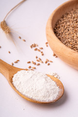 Fototapeta na wymiar Wheat seeds grains in wooden bowl near with flour in spoon spatula with heap of grains and with ear of wheat, angle view, isolated on white background, copy space