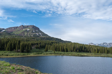 Landscape of lake, trees, and mountain in the San Juan Mountains of Colorado