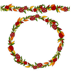 Decorative autumn wreath of leaves, twigs and mushrooms on an isolated white background. Element for design and greeting card. Copy space, place for text.Seamless brush