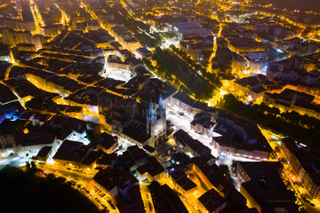 Aerial view of night Burgos with Cathedral
