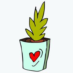 Aloe in a blue pot with a heart. Collection of elements drawn by hand. Isolate on white.