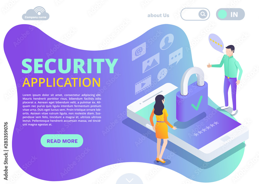 Poster isometric vector image on a white background, a landing design of security application, a man and a 