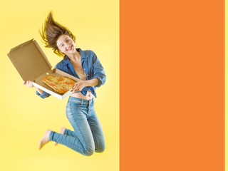 Beautiful young girl in a blue shirt on a yellow and orange background with pizza in her hands. Collage