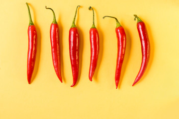 Red hot chili peppers pattern on yellow background,