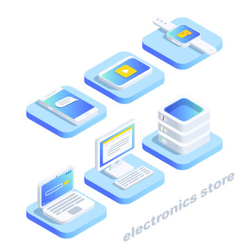 isometric vector image on a white background, innovative communication technology and an electronics store, a smartphone next to a laptop and other digital gadgets