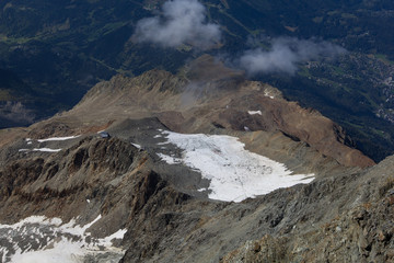 View of the glacier and moraine in the clouds from the top