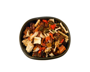 Mix of slices of peppers in a bowl isolated on a white background. View from above.