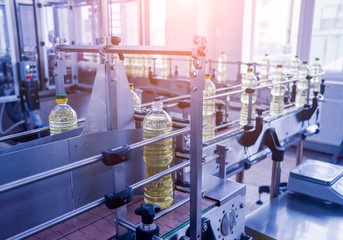 Bottling line of sunflower oil in bottles. Vegetable oil production plant. High technology.