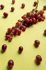 A bunch of ripe purple grapes scattered on a yellow background in the sun. Side view. Vertical