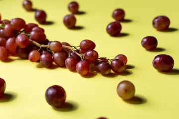 A bunch of ripe purple grapes scattered on a yellow background in the sun. Side view. Close-up
