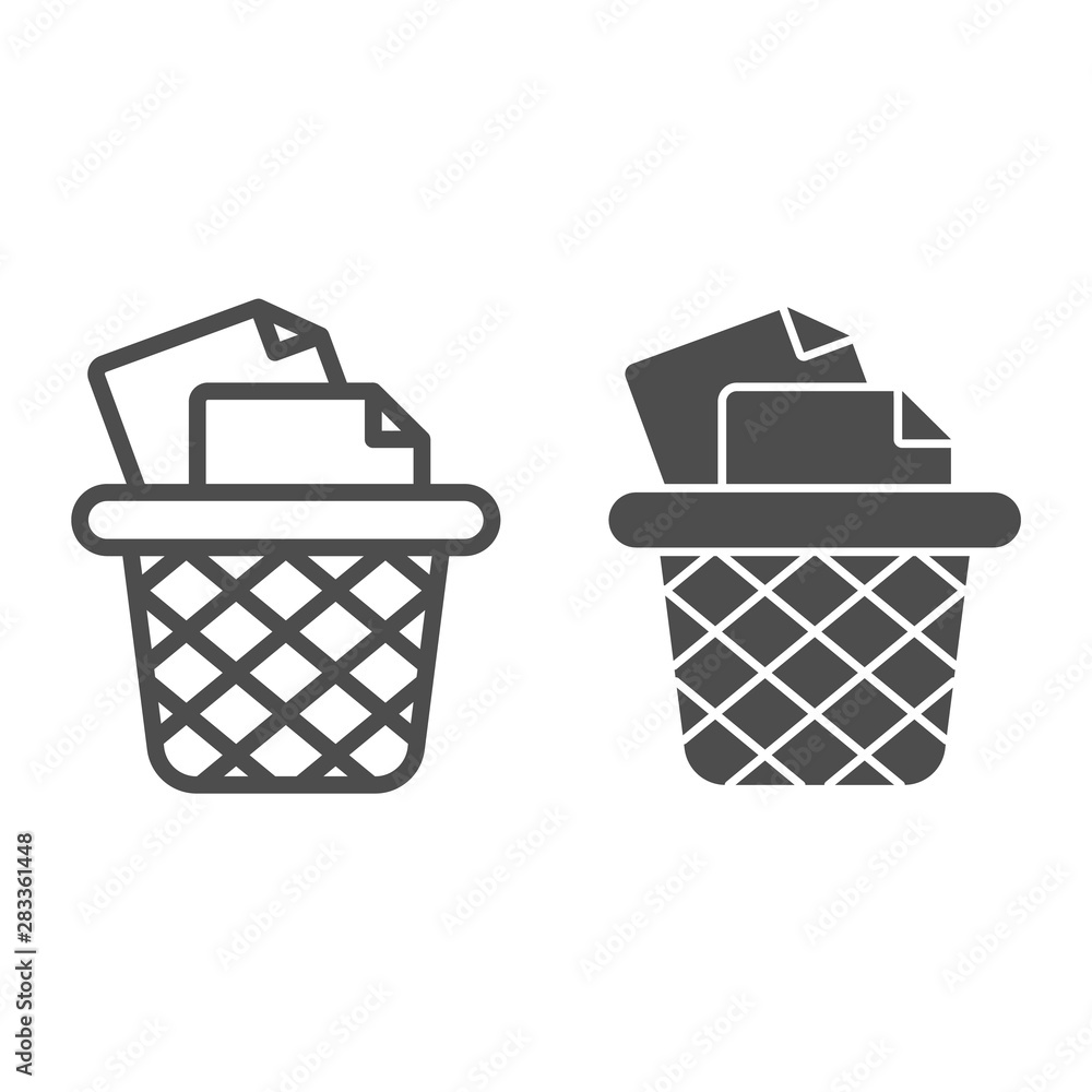 Poster trash bin for papers line and glyph icon. office trash can vector illustration isolated on white. ga