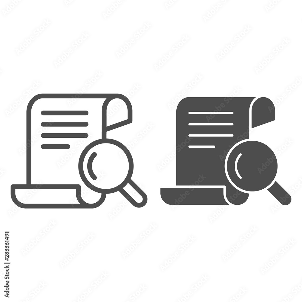 Poster papyrus search line and glyph icon. manuscript and magnifier vector illustration isolated on white. 
