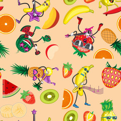 Seamless background fruit characters play musical instruments. Design kids printing paper cloth banner. Vector image.