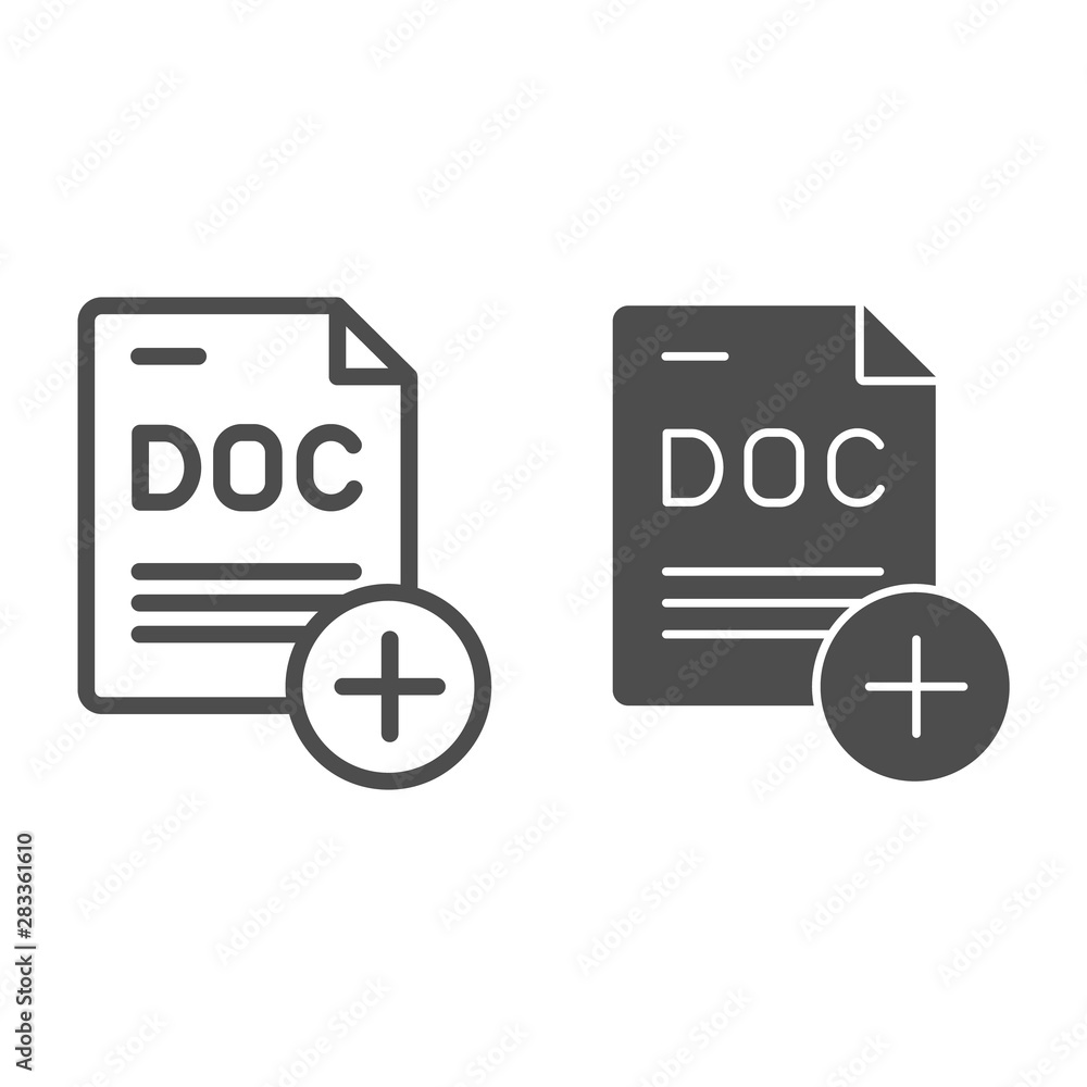 Poster add document line and glyph icon. file with plus vector illustration isolated on white. add paper ou