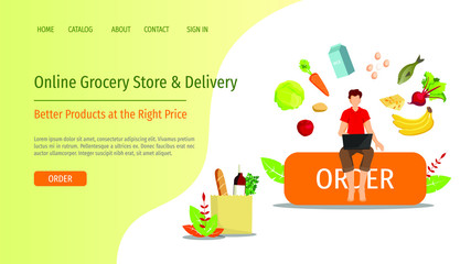 Web page design template for Grocery store, Online Market, Home delivery. Man with laptop and food on the white background. Vector illustration for poster, banner, website development.