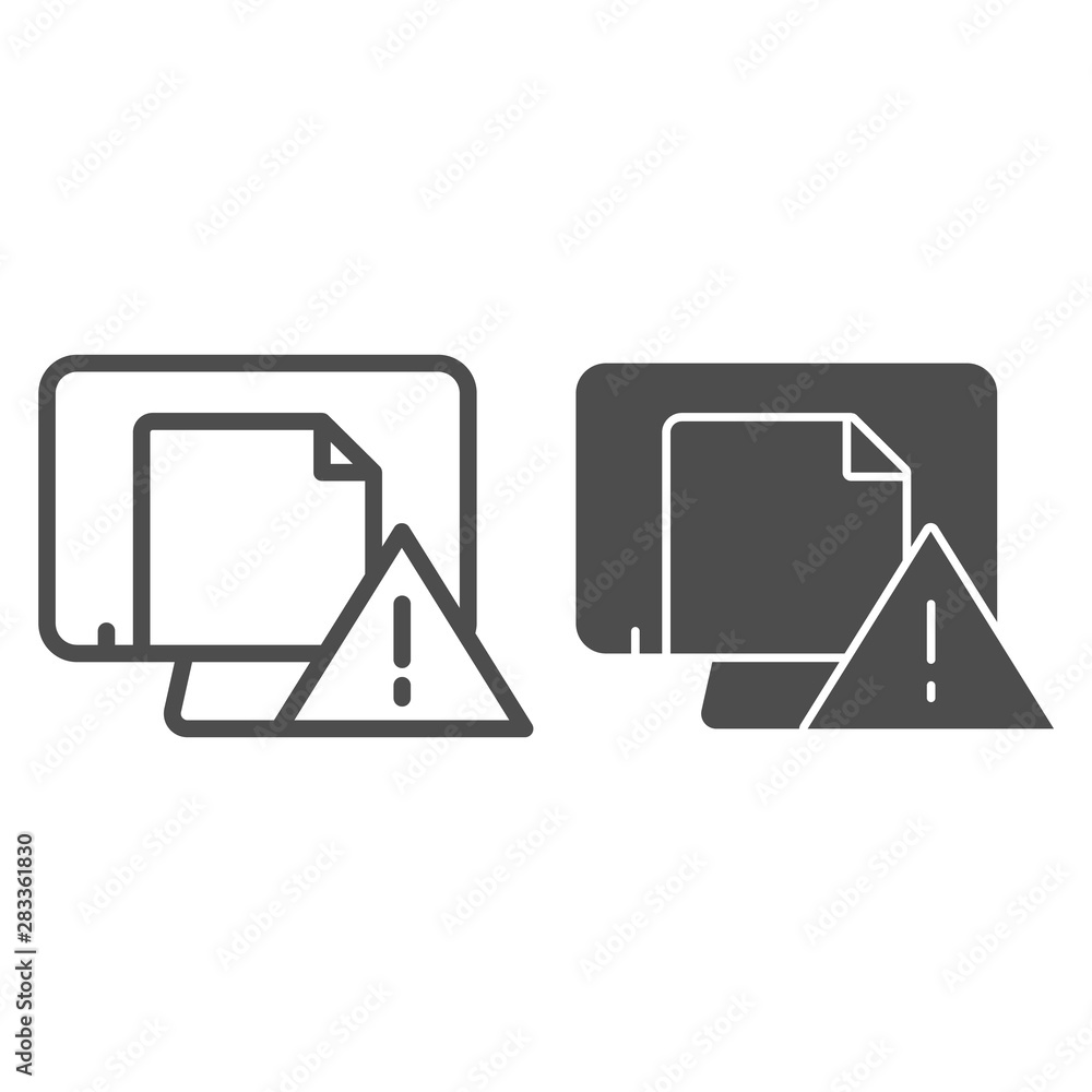 Poster dangerous document on computer line and glyph icon. document icon with exclamation mark vector illus