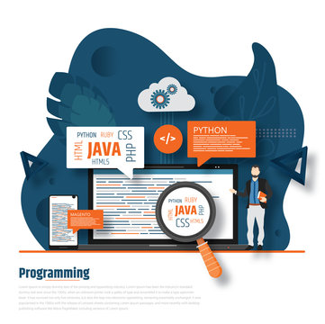 web site design development program coding concept top angle view desktop computer monitor tablet laptop screen