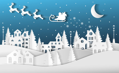 Winter landscape with houses and trees.Santa Claus on the sky in winter season.Merry Christmas and Happy New Year. paper art design.Vector EPS 10.